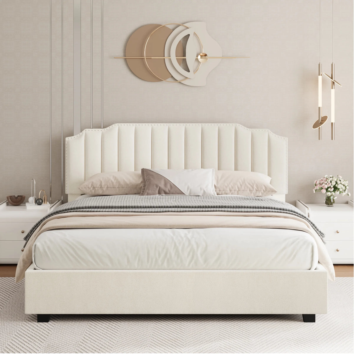 Beige Velvet Queen Bed with Underbed Storage O6782