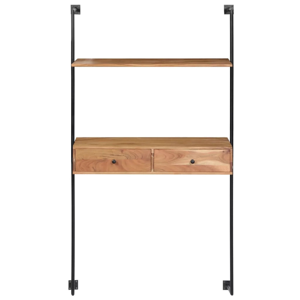 Wall Computer Desk with Storage Drawers and Book Shelf Acacia Wood Iron Frame A547