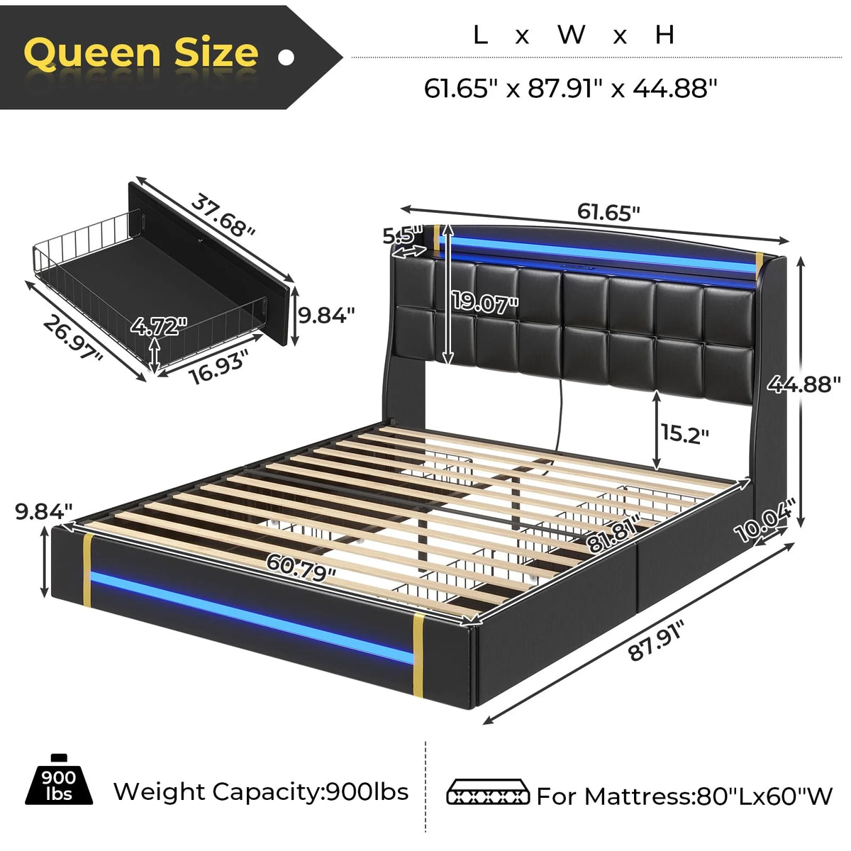 Queen Bed Frame with LED Lights and Charging Station, Upholstered Platform Bed Frame with Hidden Storage and 4 Drawers, Black T81312