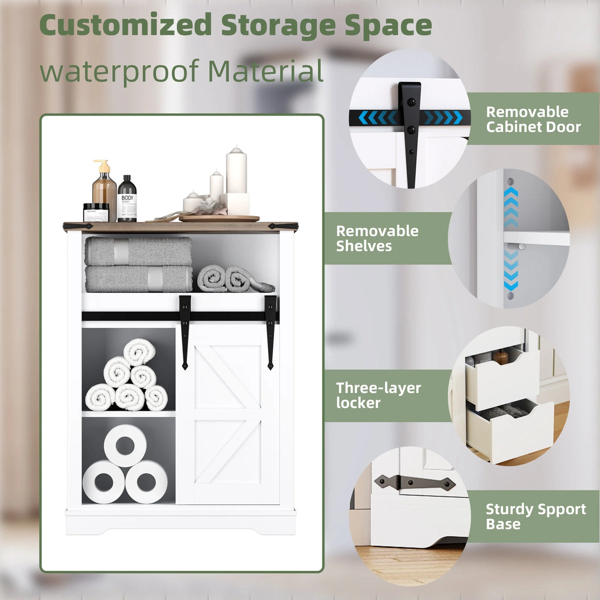 Rustic Oak Antique White Bathroom Storage Cabinet with Sliding Barn Door W848192