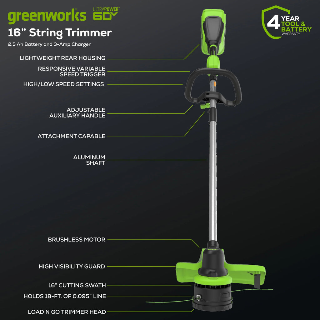 60V 16 String Trimmer & 630 CFM 170 MPH Blower Combo Kit with 2.5Ah Battery & 3 Amp Charger D982