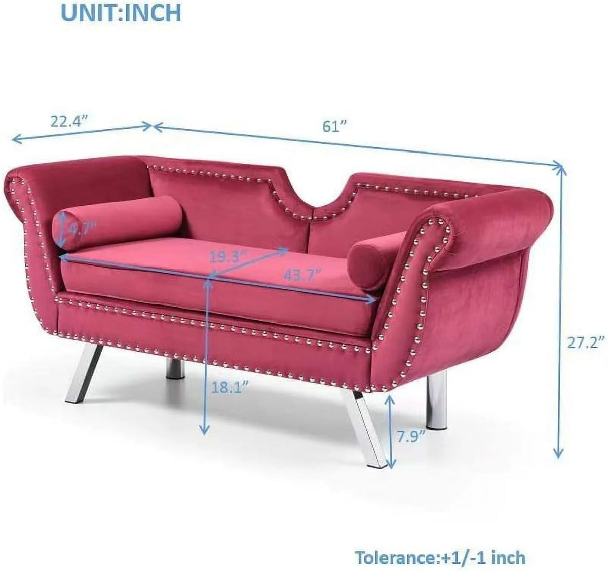 Velvet Ottoman Bench with Back and Silver Metal Legs S411006