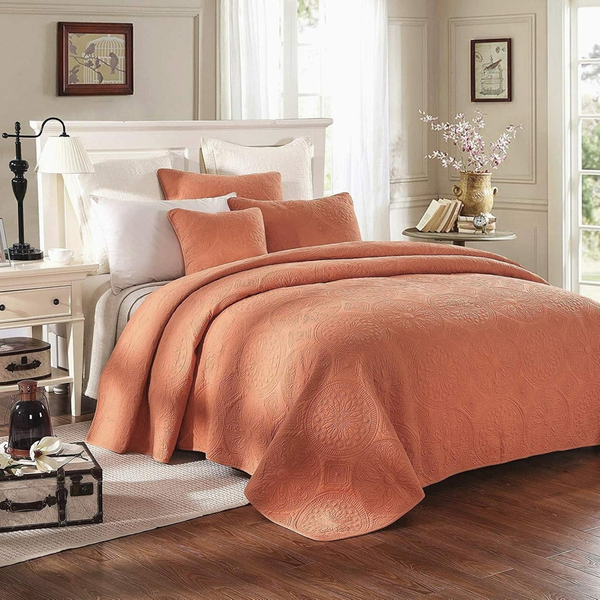 Cotton Stone Washed Floral Bohemian Coverlet Bedspread 3 Piece Set, King Z1308