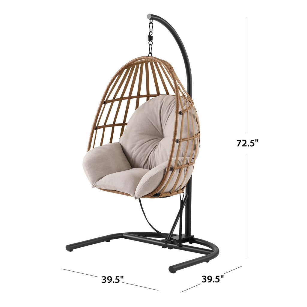 Wicker Outdoor Hanging Egg Chair with Beige Cushion and Black Metal Stand M167457