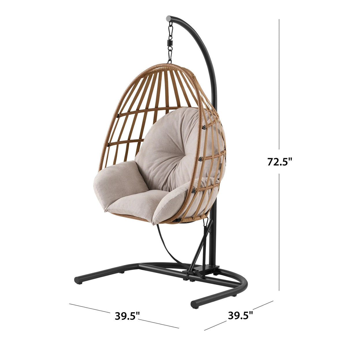 Wicker Outdoor Hanging Egg Chair with Beige Cushion and Black Metal Stand M167457