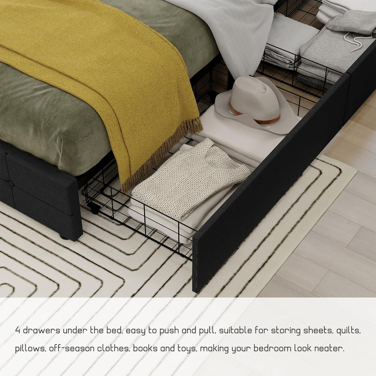 Linen Upholstered Queen Size Platform Bed Frame with 4 Storage Drawers O130761