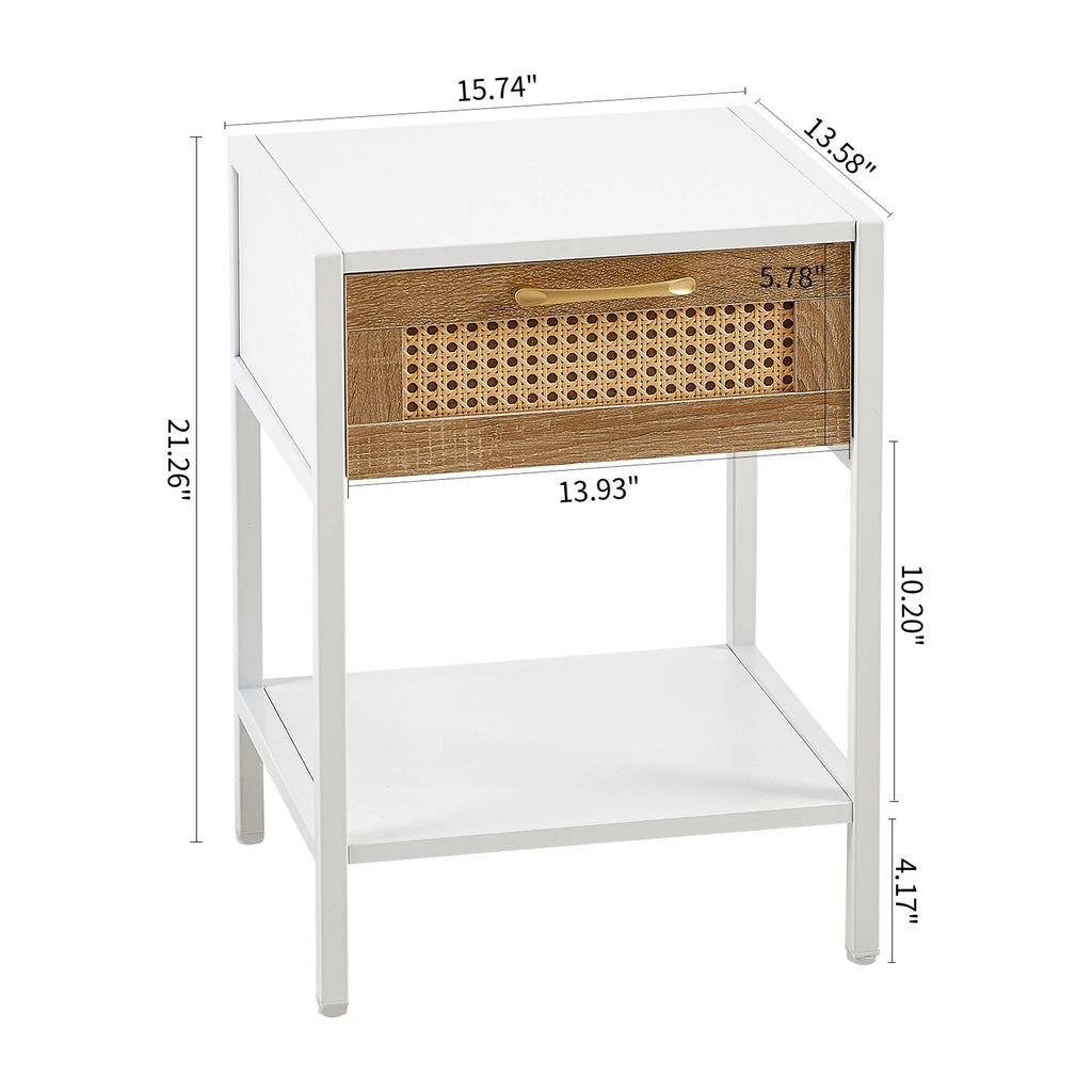 15.74" White Rattan Nightstand with Drawer E41212