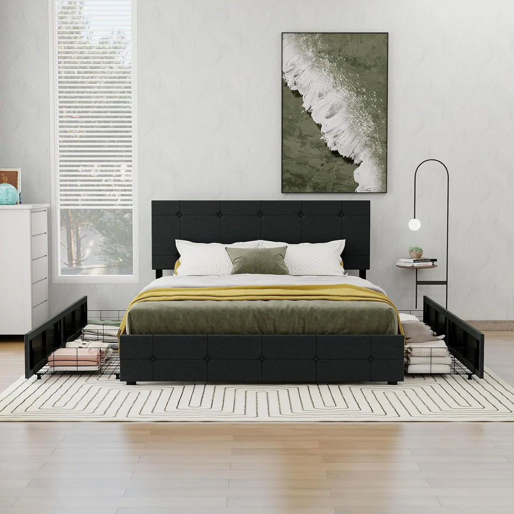 Linen Upholstered Queen Size Platform Bed Frame with 4 Storage Drawers O130761