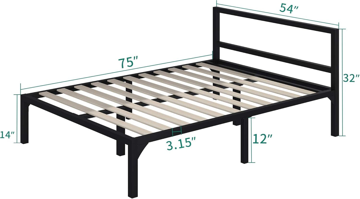 Full Size Black Metal Platform Bed Frame with Headboard E63664