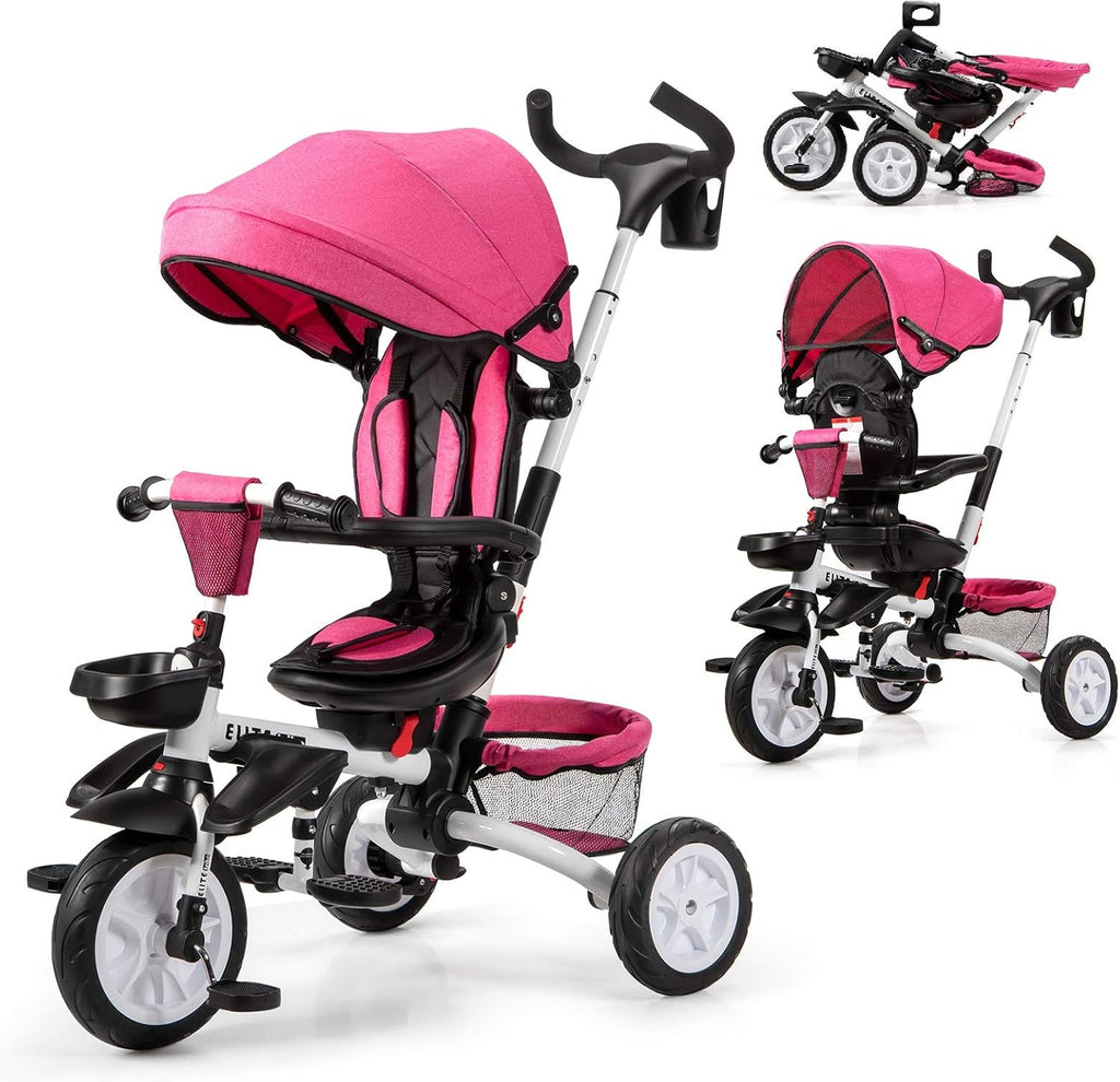 Pink 7-in-1 Kids Folding Tricycle with Canopy U590