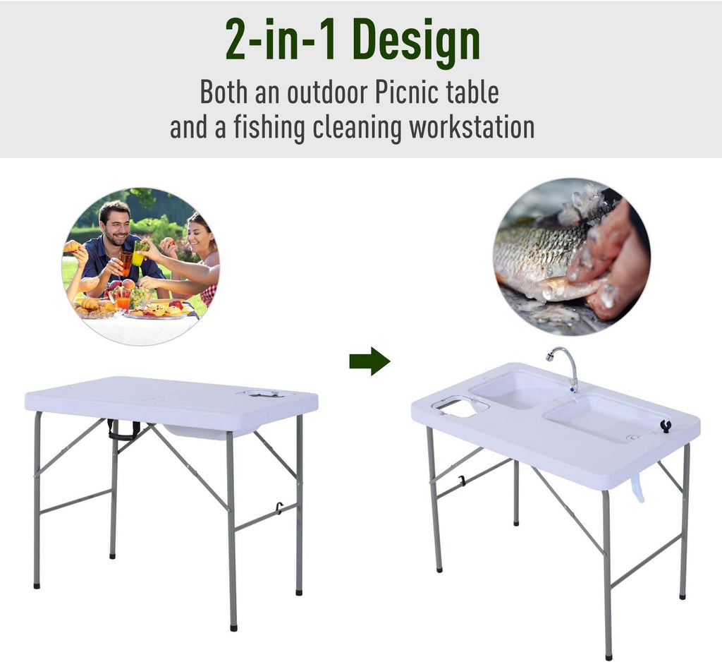 Portable Folding Camping Sink Table with Faucet and Dual Water Basins Y33853