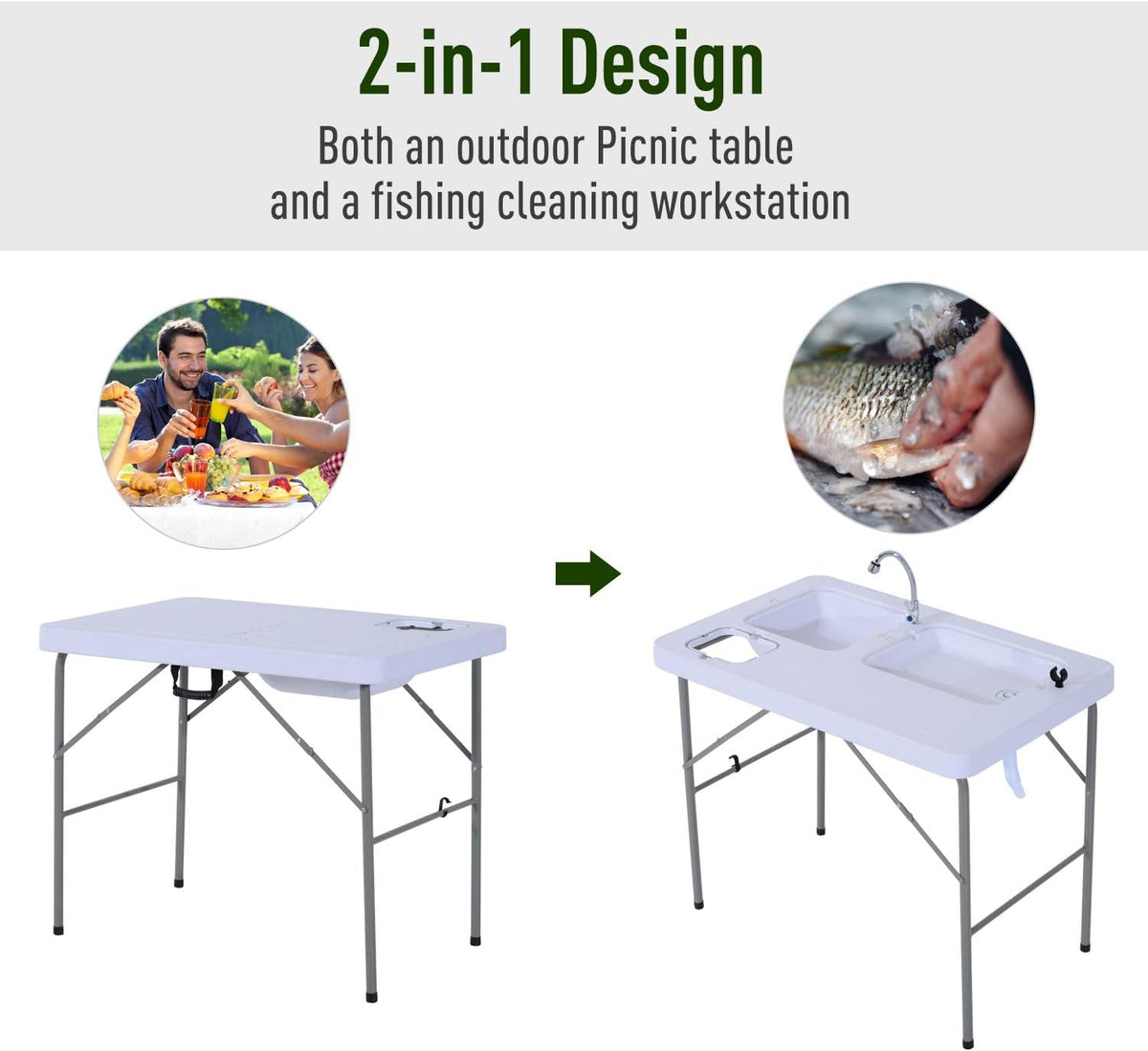 Portable Folding Camping Sink Table with Faucet and Dual Water Basins Y33853