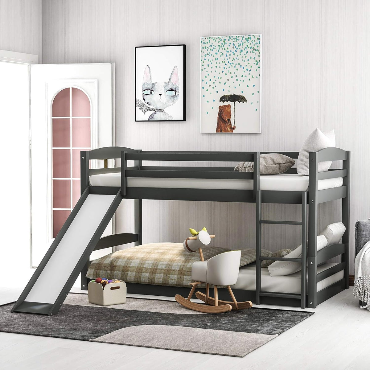 Twin Over Twin Wood Bunk Beds with Ladder Grey H38222