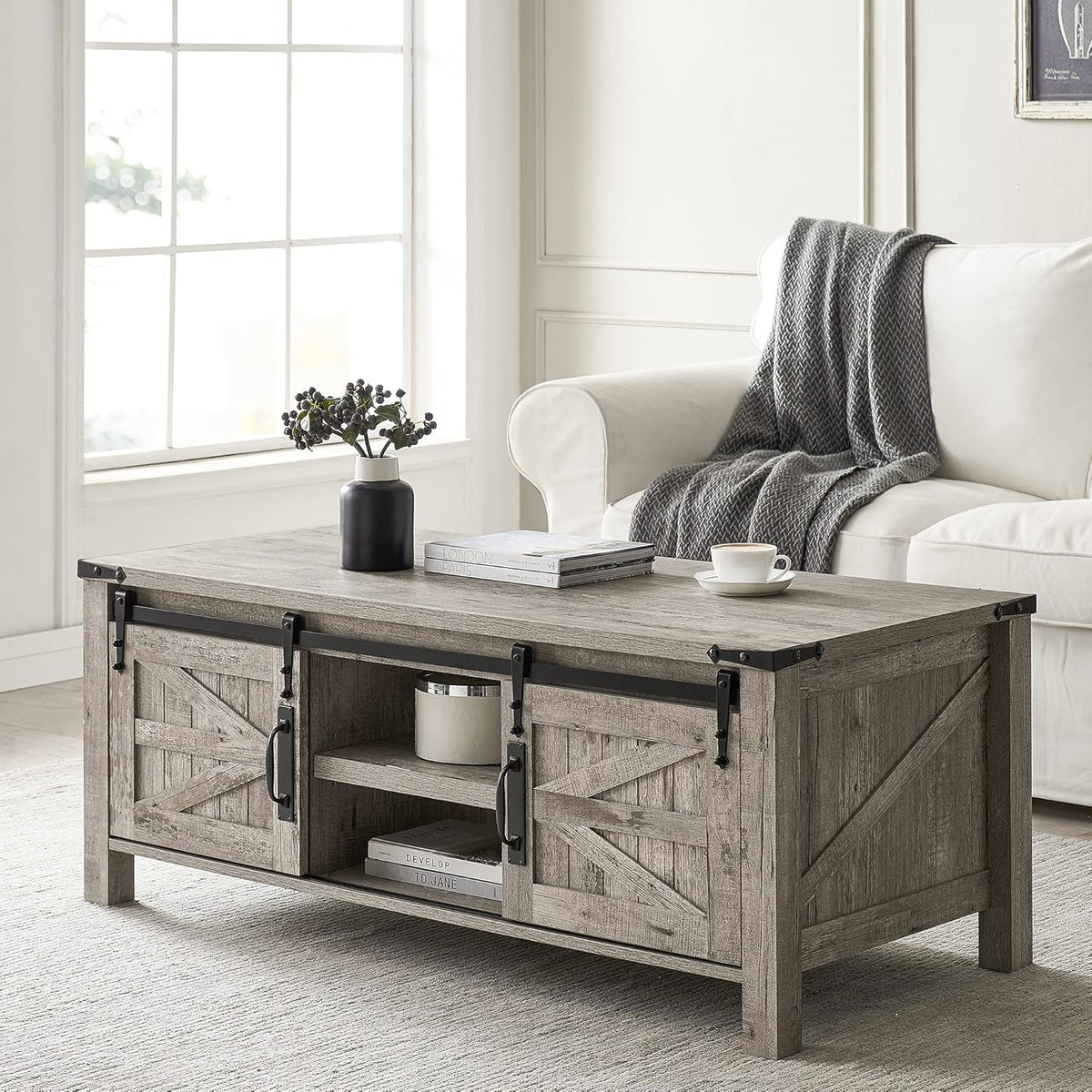 48-Inch Coffee Table with Sliding Barn Doors and Storage Cabinets G34377
