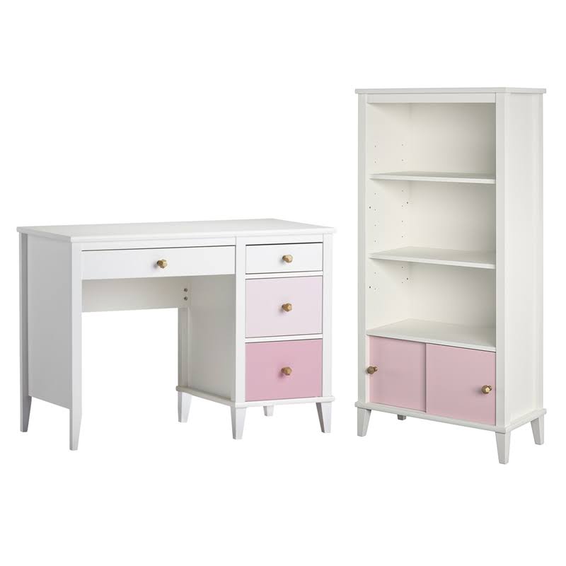 2 Piece Kids Bedroom Set with Bookcase and Desk in White and Pink J5570
