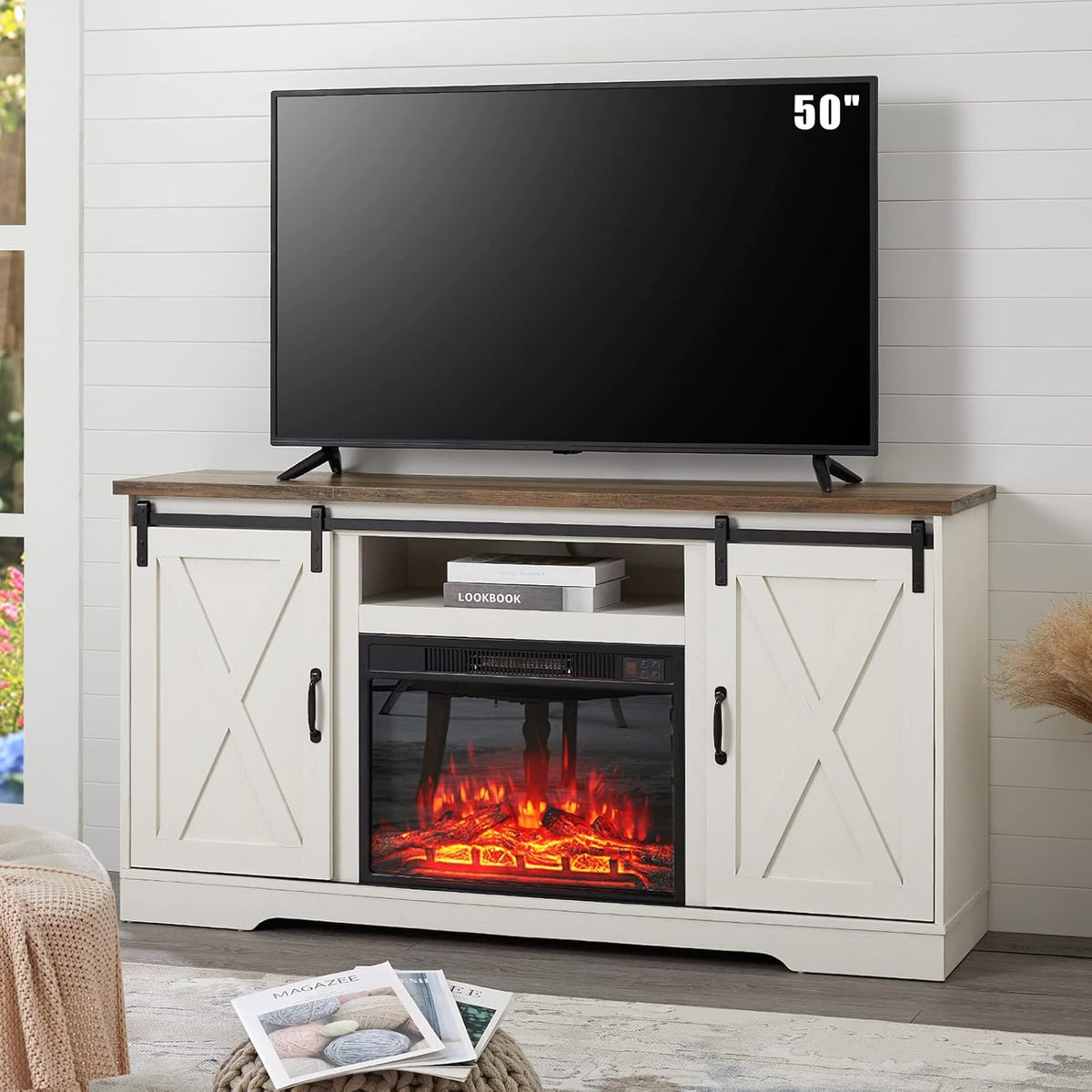 White Wood Fireplace TV Stand with 23'' Electric Fireplace Insert P1423