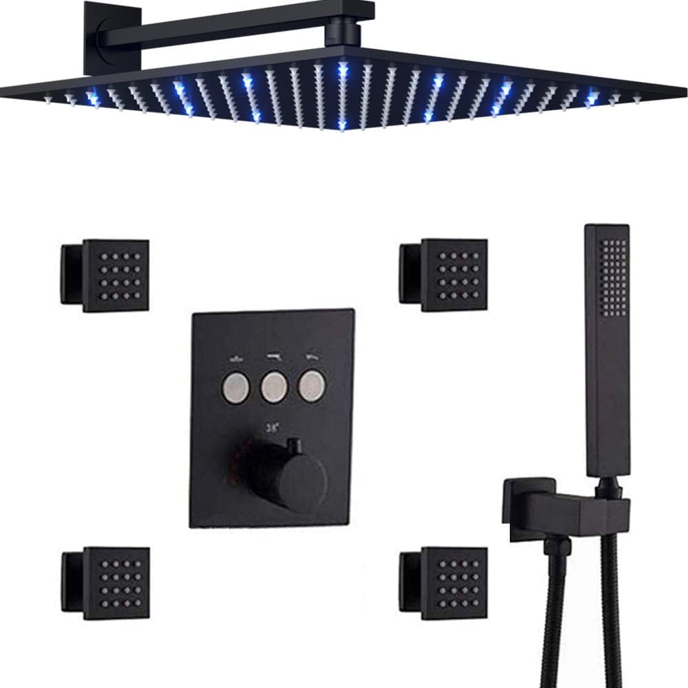 12 Inch Matte Black Thermostatic Rain Shower System J9602