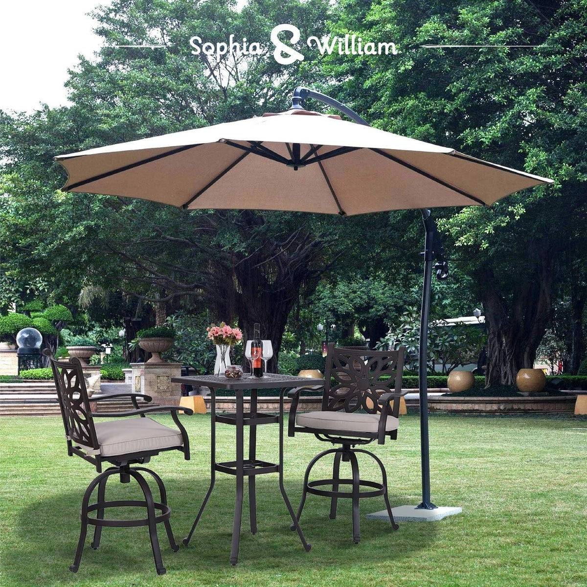 3 Pieces Cast Aluminum Bar Set with 2 Swivel Bar Height Chairs and 1 Square Table H933