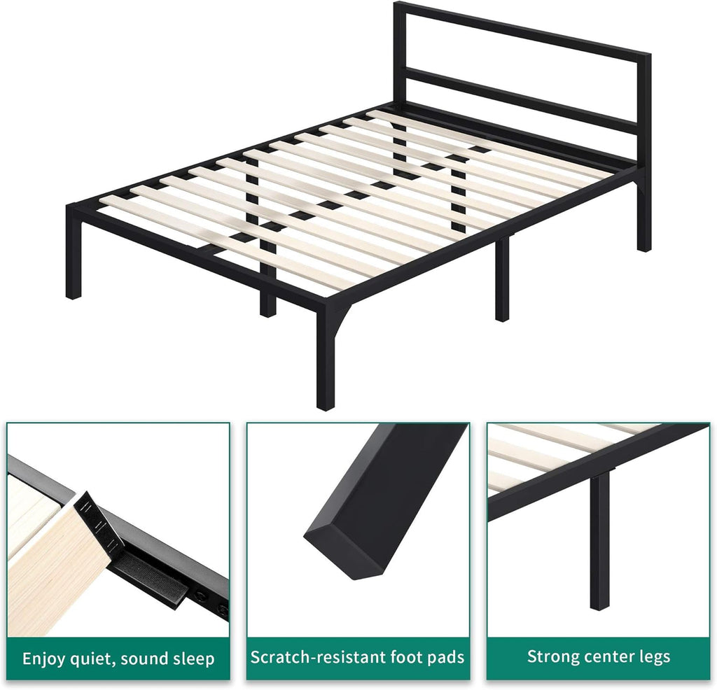 Full Size Black Metal Platform Bed Frame with Headboard E63664