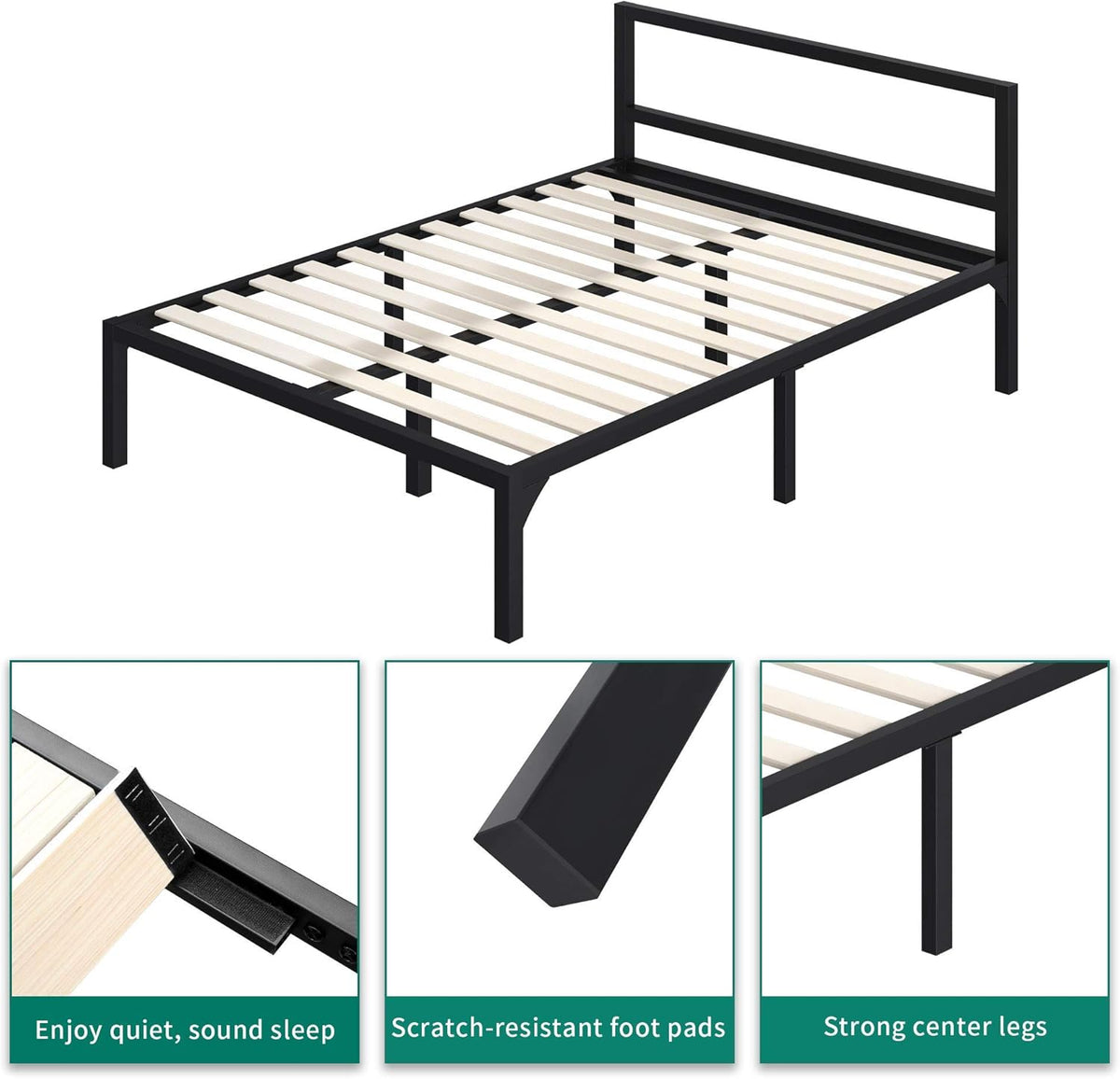 Full Size Black Metal Platform Bed Frame with Headboard E63664