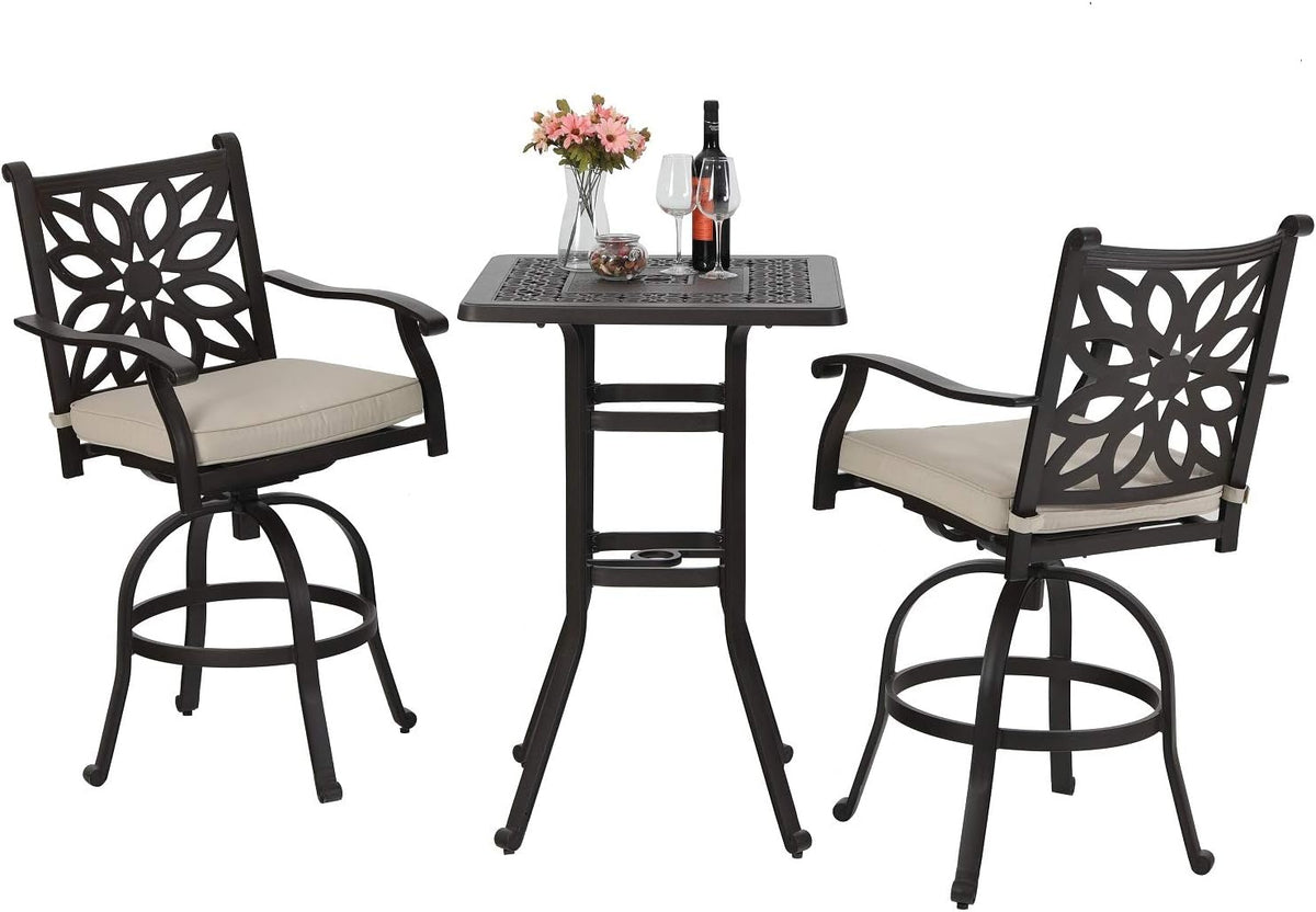 3 Pieces Cast Aluminum Bar Set with 2 Swivel Bar Height Chairs and 1 Square Table H933