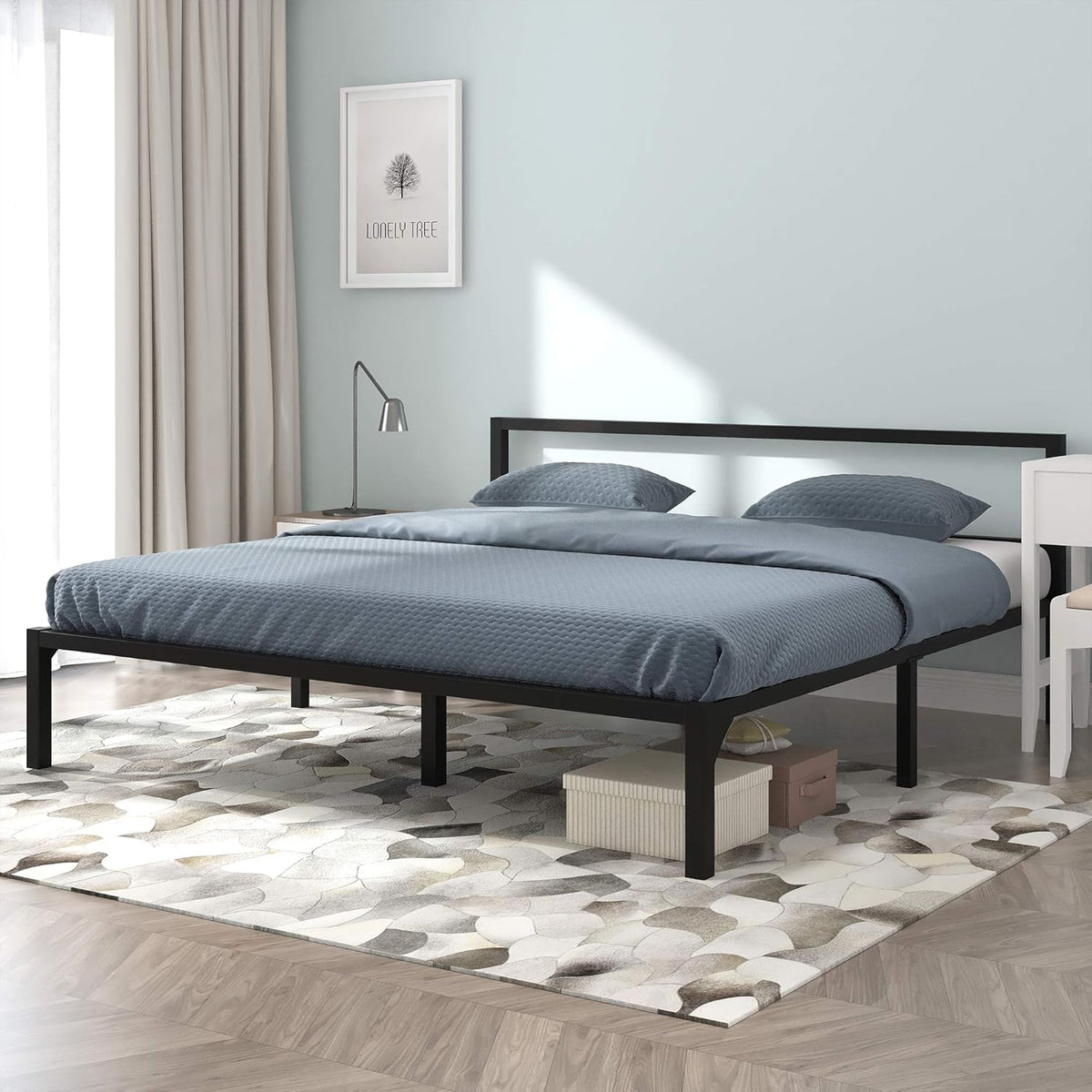Full Size Black Metal Platform Bed Frame with Headboard E63664
