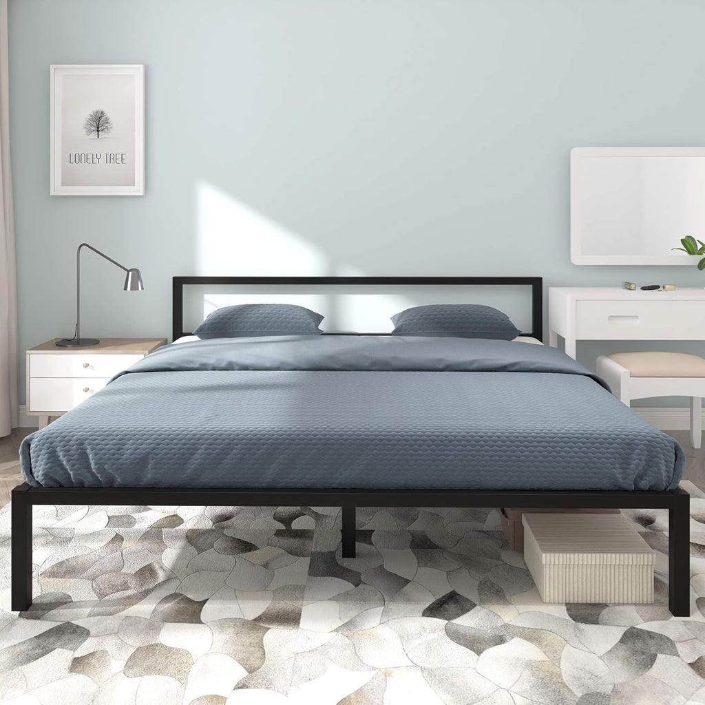 Full Size Black Metal Platform Bed Frame with Headboard E63664