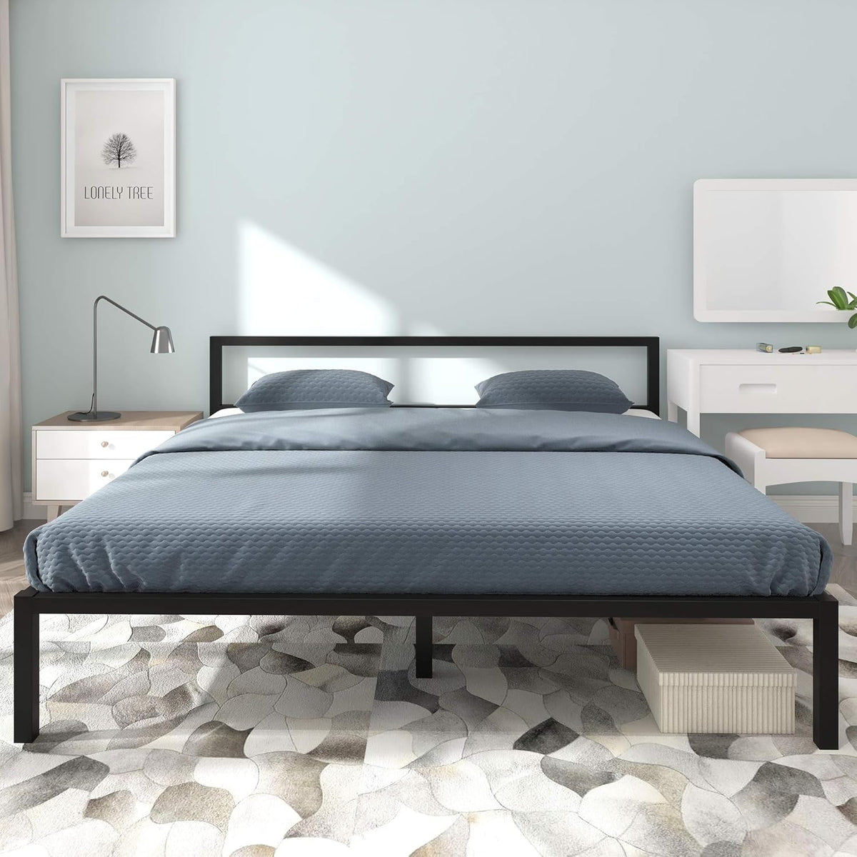 Full Size Black Metal Platform Bed Frame with Headboard E63664