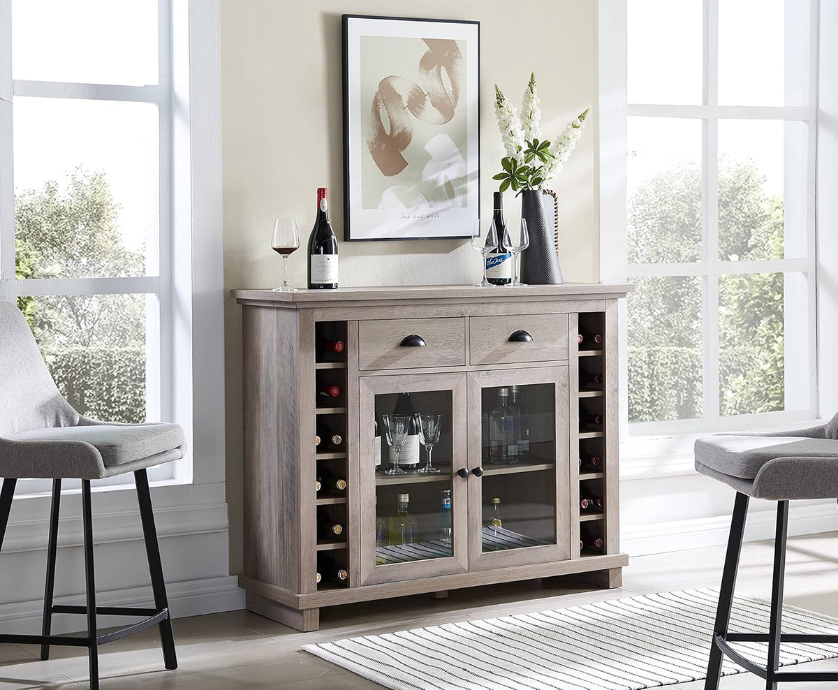 Grey Wash Bar Cabinet with Glass Doors V199982