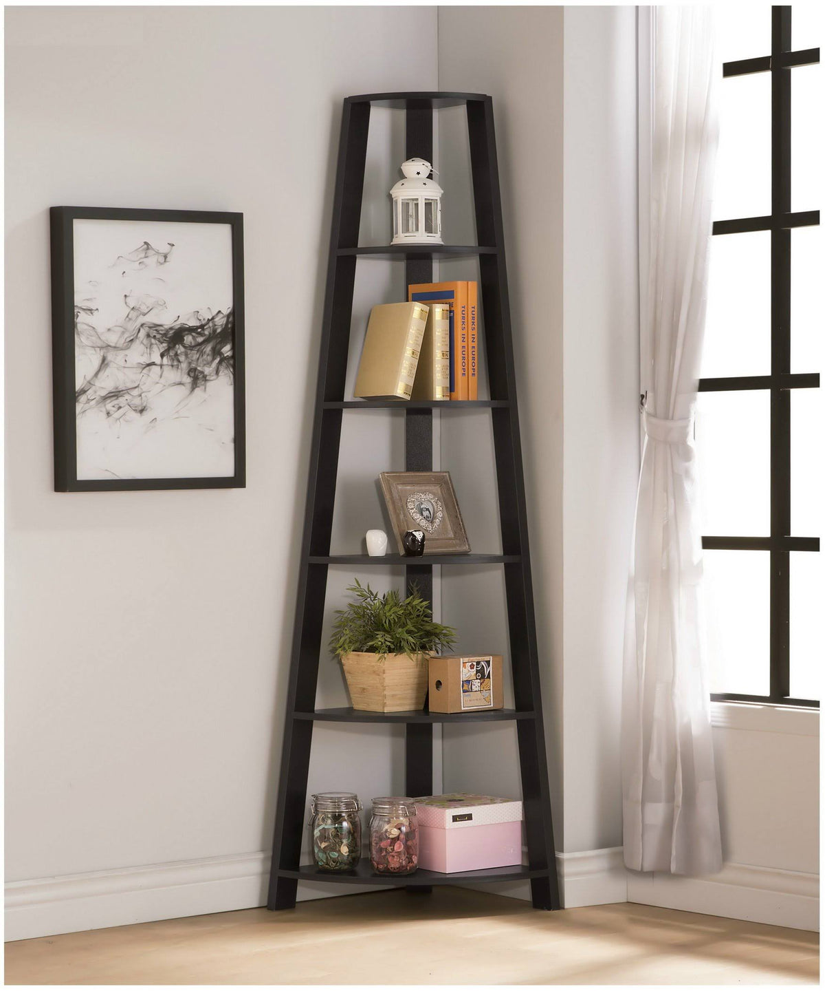 Cappuccino Finish Wood 5-Tier Corner Bookshelf K8077