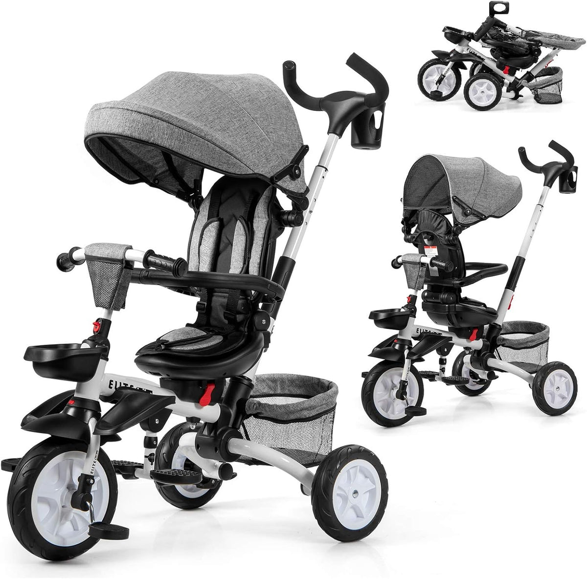 Pink 7-in-1 Kids Folding Tricycle with Canopy U590