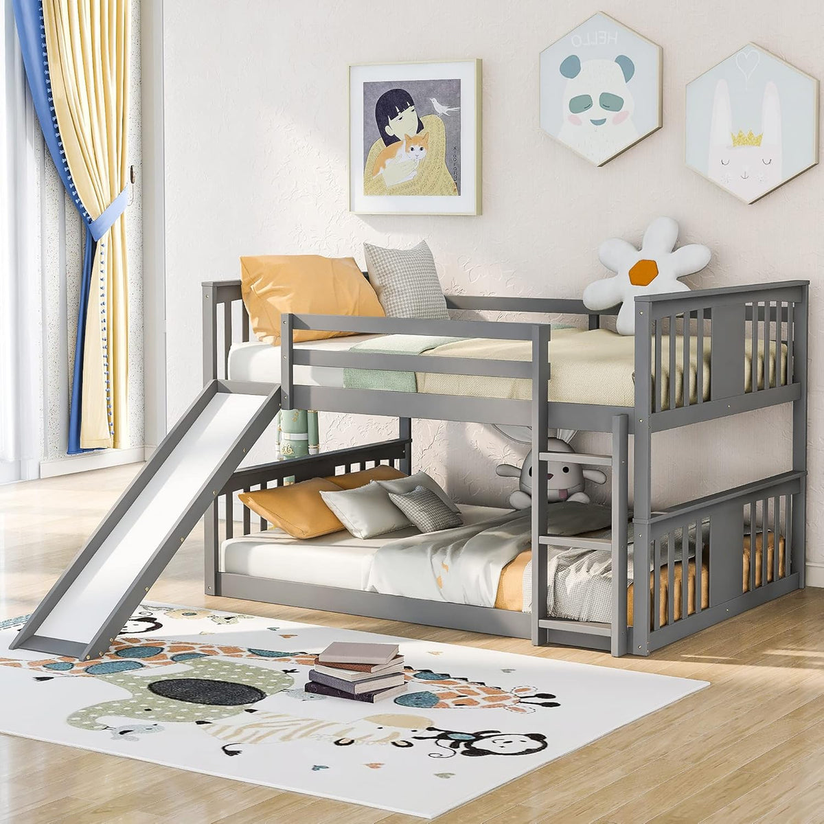 Twin Over Twin Wood Bunk Beds with Ladder Grey H38222