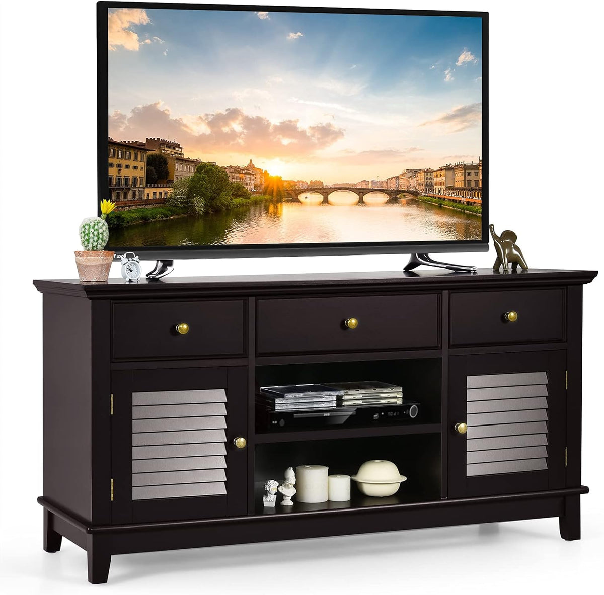 Brown Wood TV Stand with 3 Drawers and 2 Shutter Door Cabinets V423