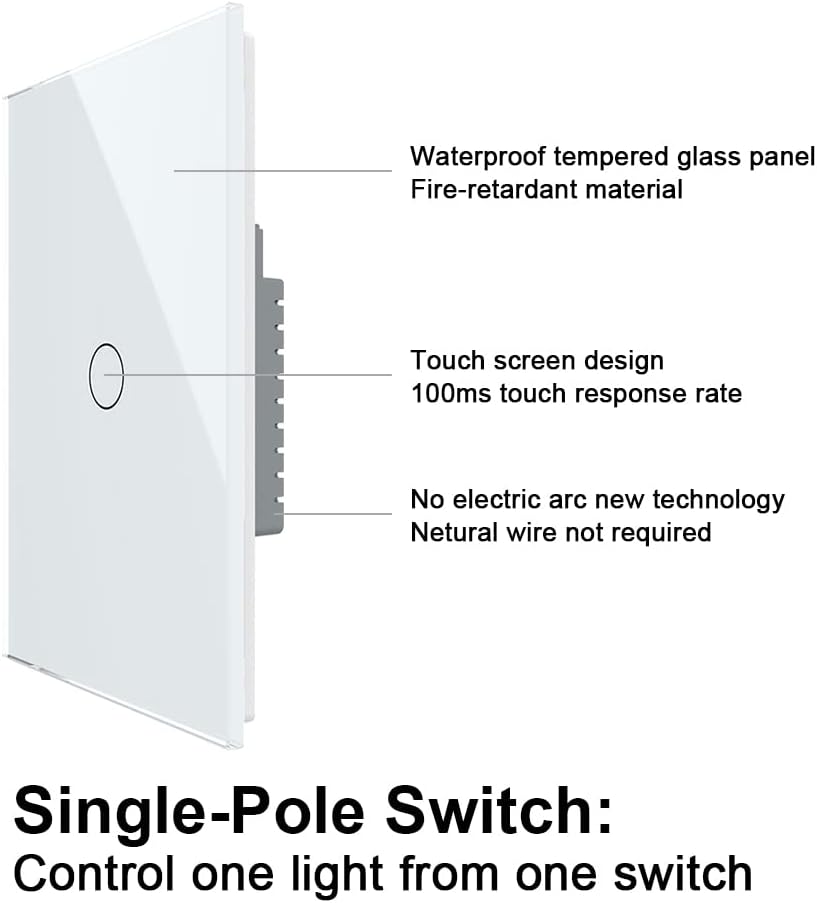 White 1 Gang 1 Way Tempered Glass Touch Light Switch, 2 Pack S5220