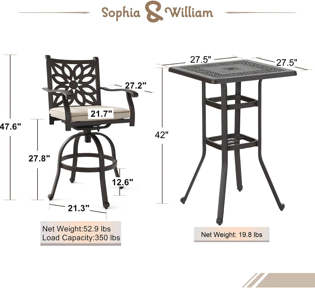 3 Pieces Cast Aluminum Bar Set with 2 Swivel Bar Height Chairs and 1 Square Table H933