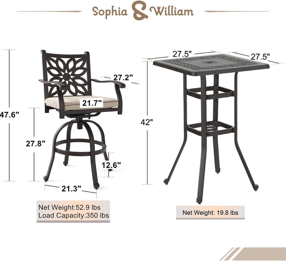 3 Pieces Cast Aluminum Bar Set with 2 Swivel Bar Height Chairs and 1 Square Table H933