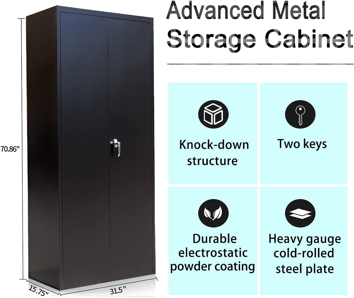 Lockable Black Steel Storage Cabinet with 2 Doors and 4 Shelves U37863