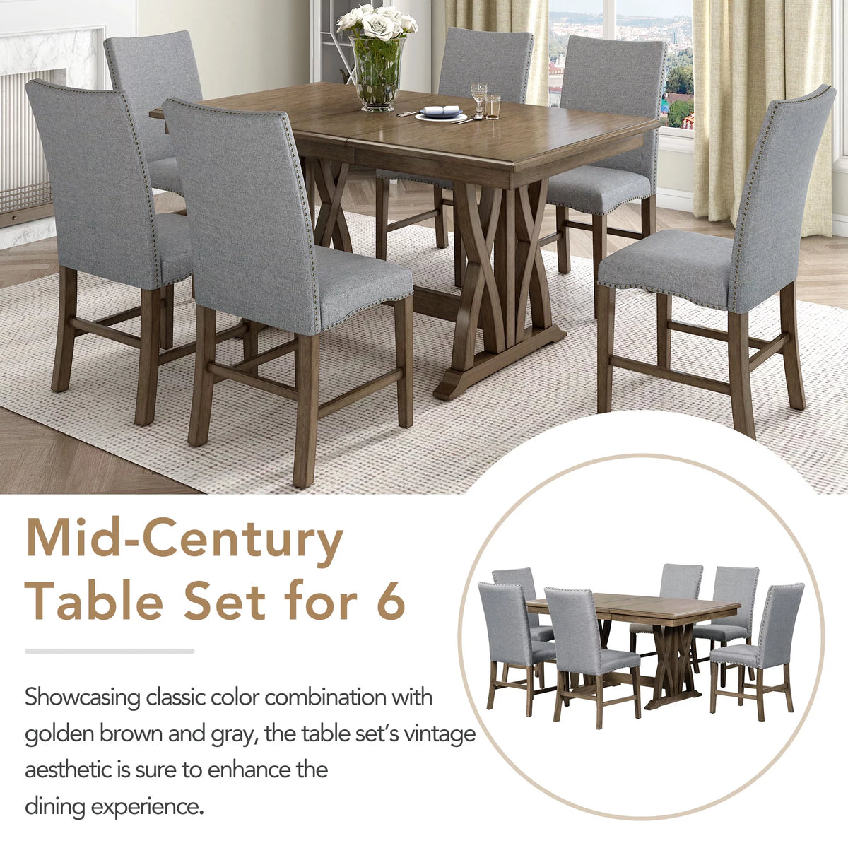 Solid Wood 7-Piece Extendable Dining Table Set with Upholstered Chairs G1563