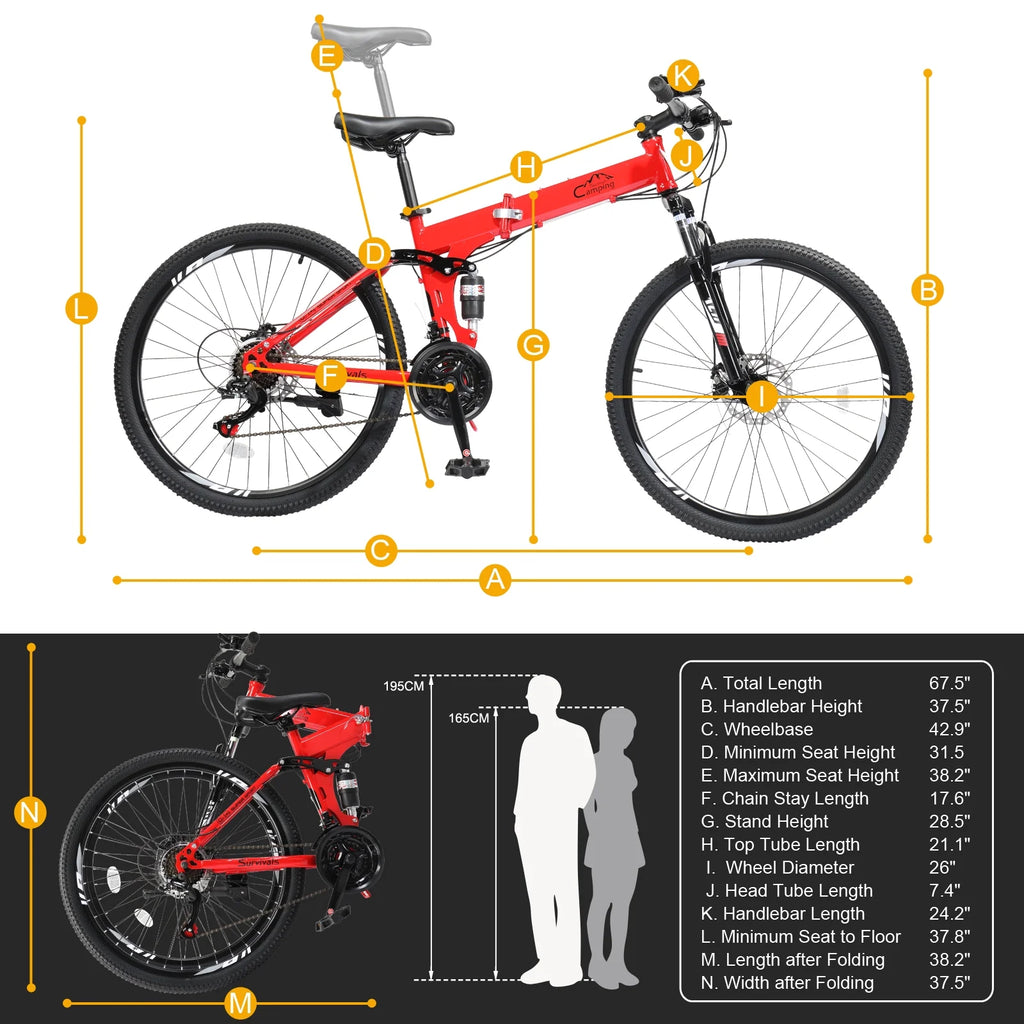 Folding Mountain Bike 21-Speed 26 inch Red N7523