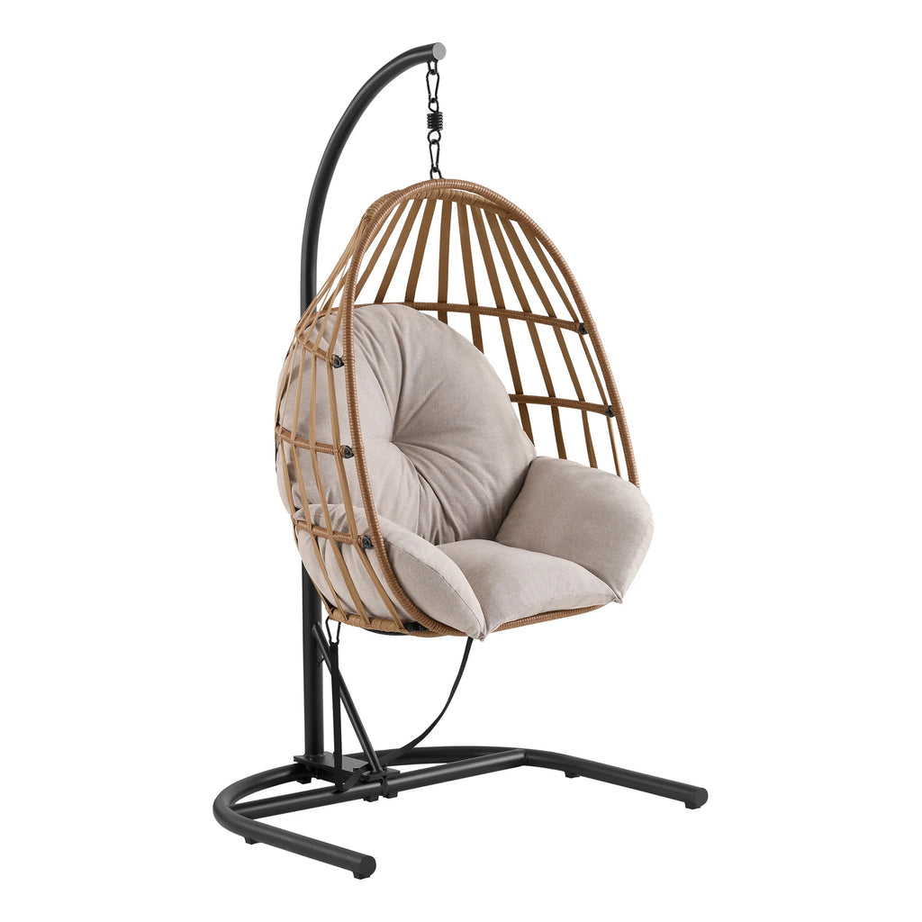 Wicker Outdoor Hanging Egg Chair with Beige Cushion and Black Metal Stand M167457