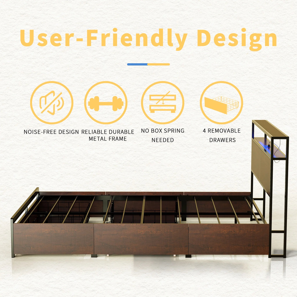 Queen Size Bed Frame with Headboard 4 Drawers LED Charging Station Z5834
