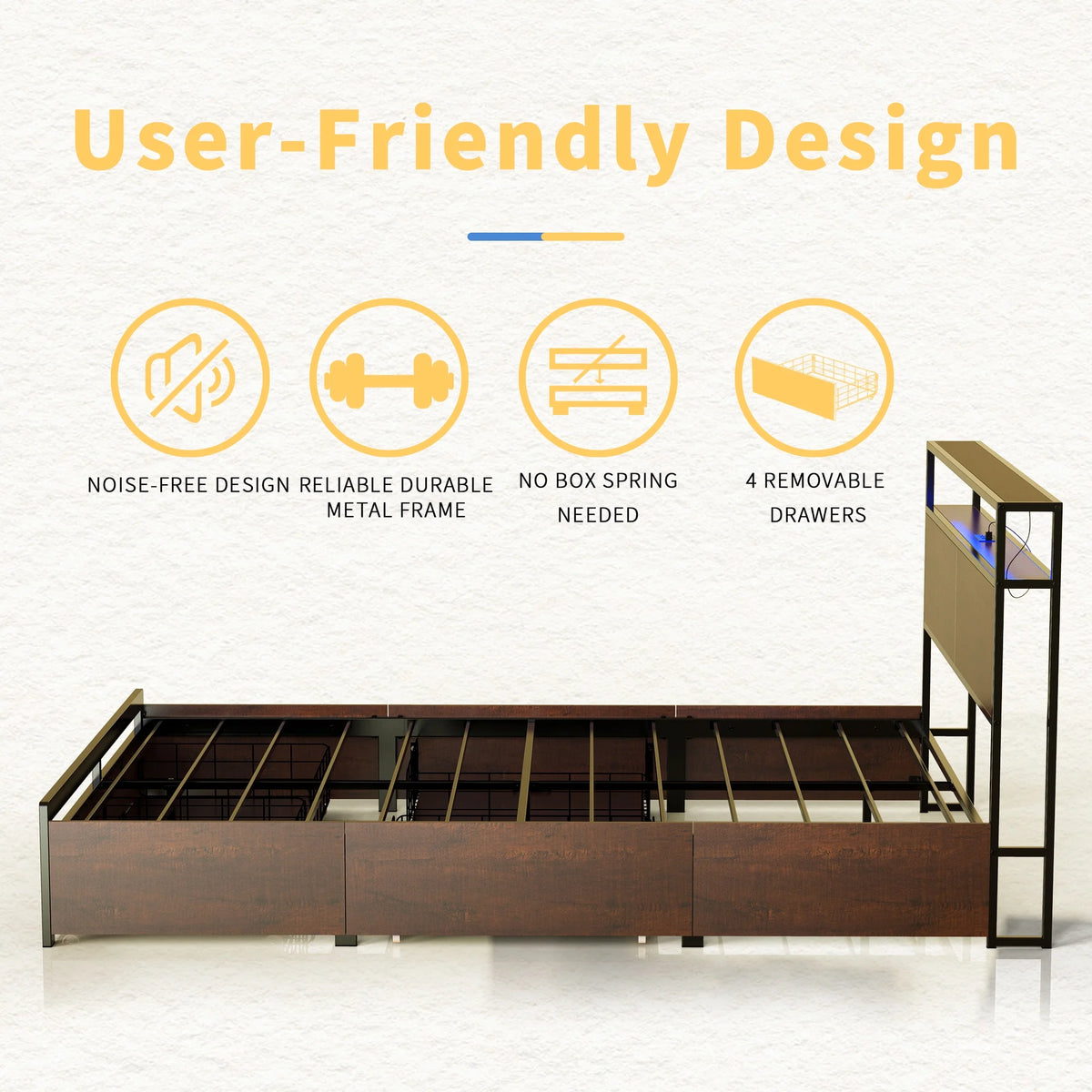 Queen Size Bed Frame with Headboard 4 Drawers LED Charging Station Z5834