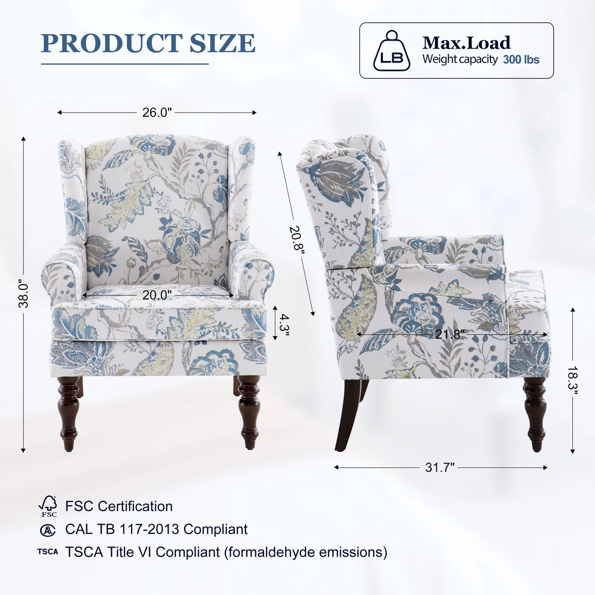 Blue Floral Pattern Fabric Wingback Accent Chair with Wooden Legs L997503