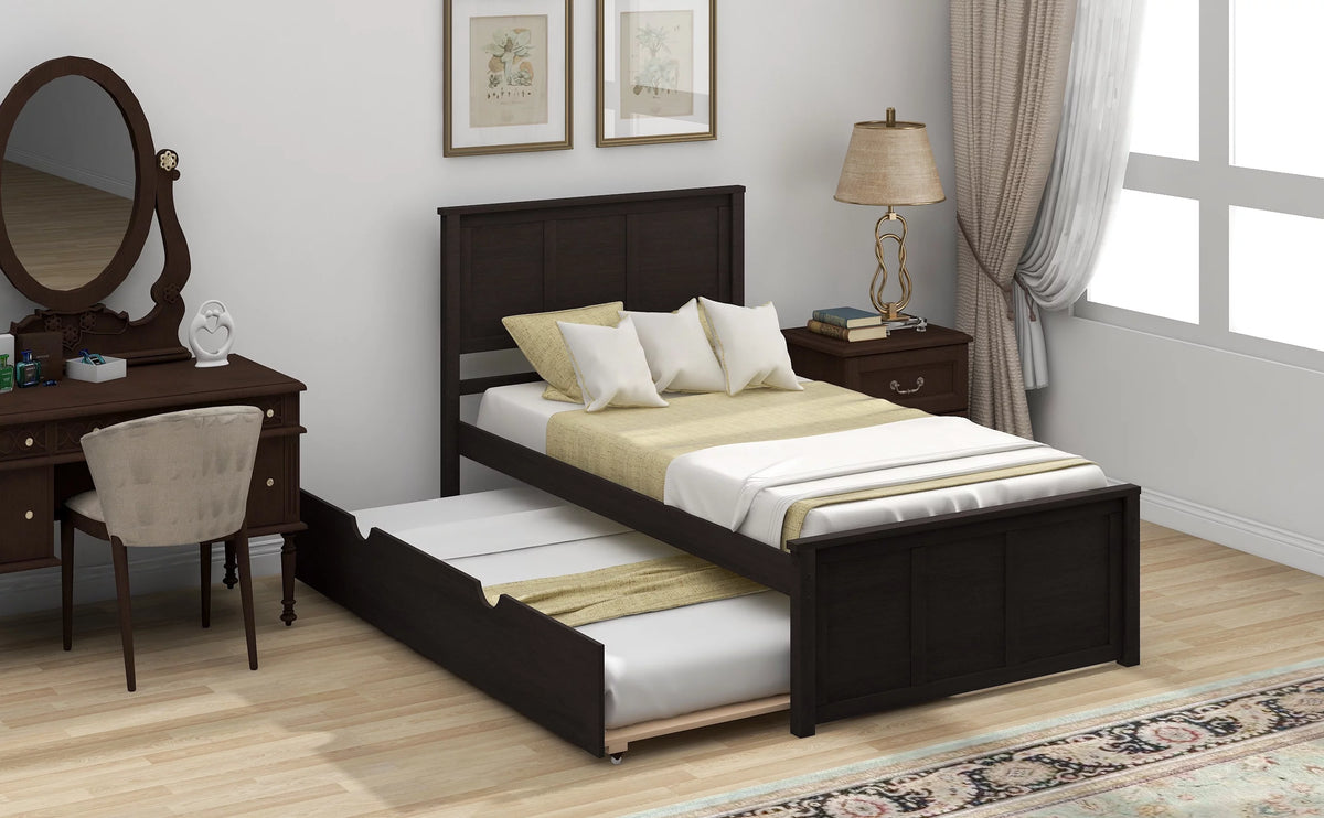 Wood Twin Platform Bed with Headboard & Trundle P618