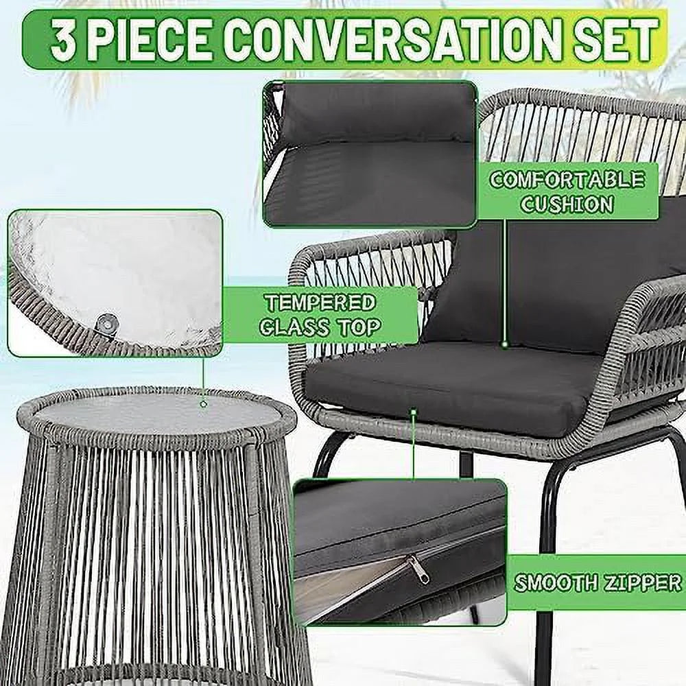 3 Pieces Rattan Wicker Bistro Set with Glass Top Table Y4114