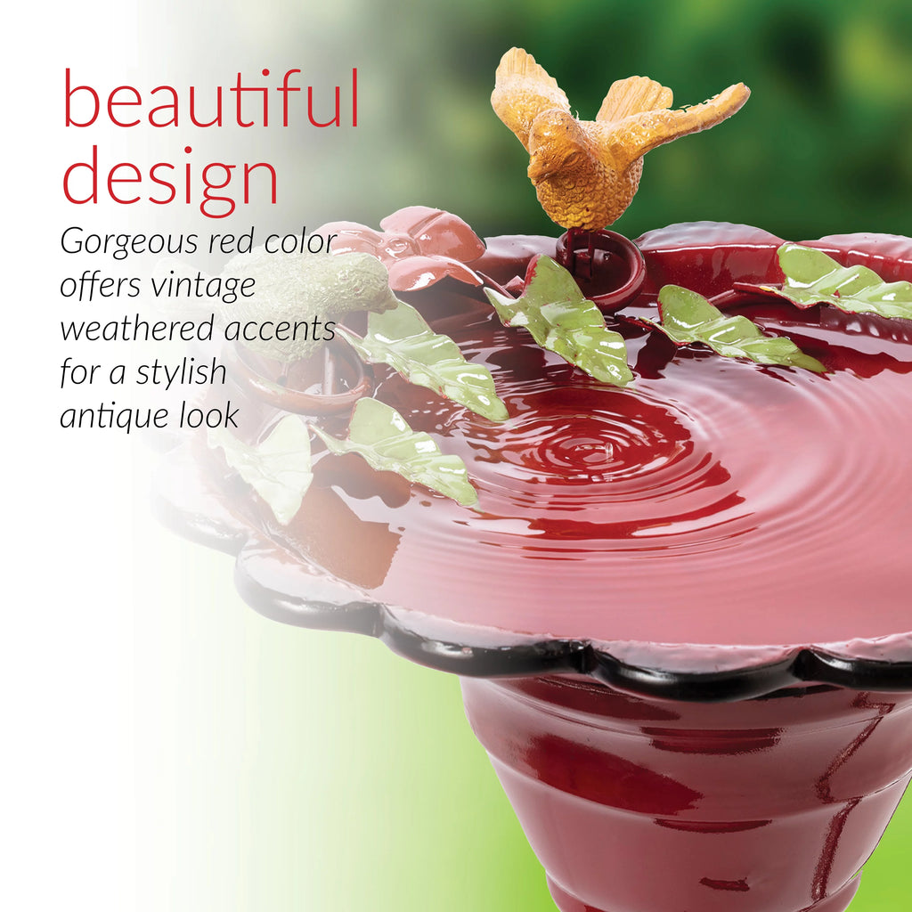 28-Inch Metal Bird Bath with Birds and Leaves, Red K93301