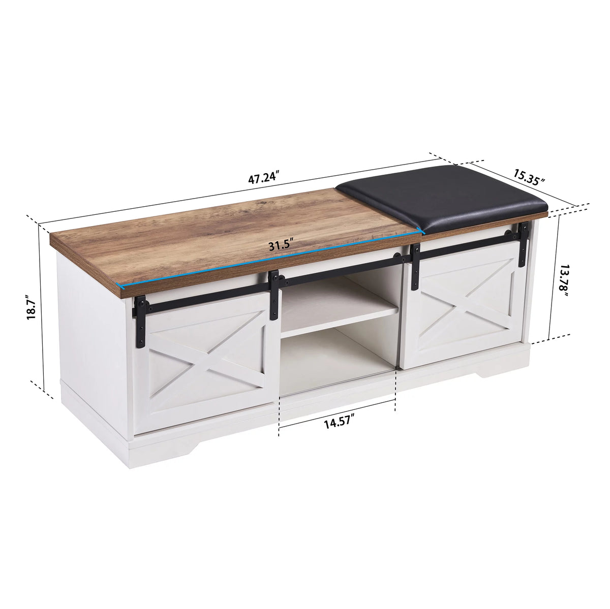 White 47-inch Shoe Storage Bench with Sliding Barn Door L9998
