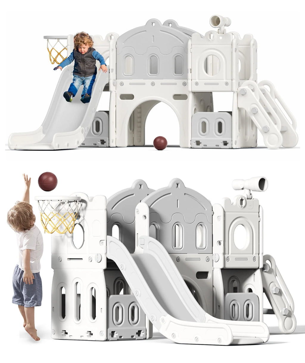 8 in 1 Toddler Slide with Climber and Basketball Hoop J19698