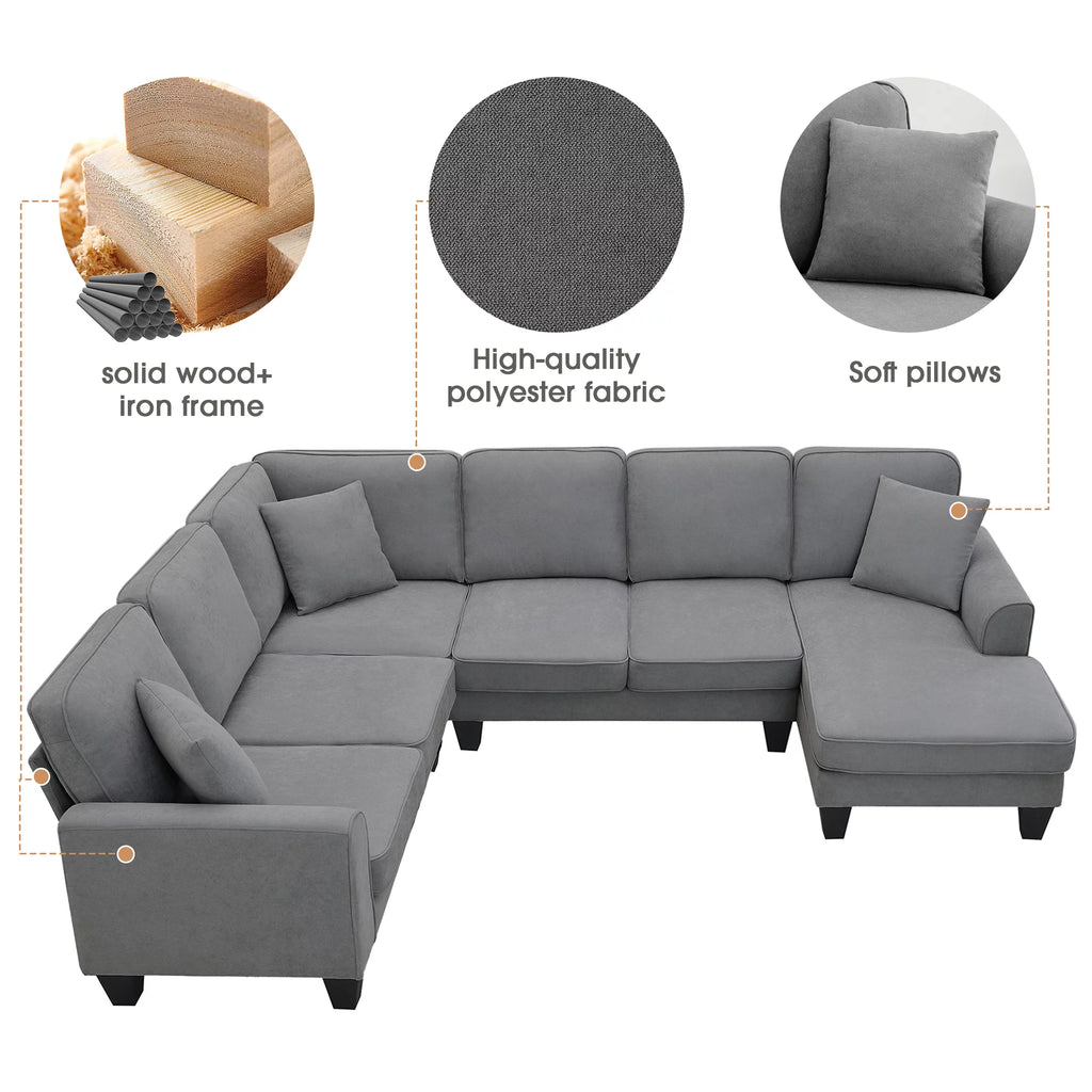 Dark Gray 7 Seat U Shape Sectional Sofa with 3 Pillows E75906