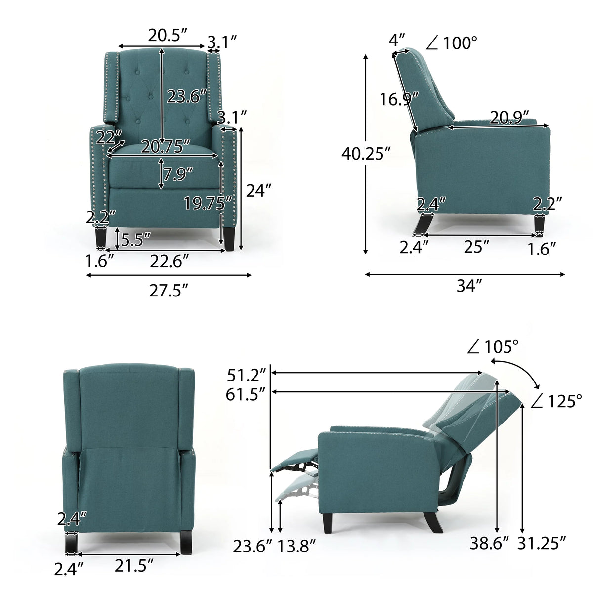 Dark Teal Fabric Tufted Recliner C916